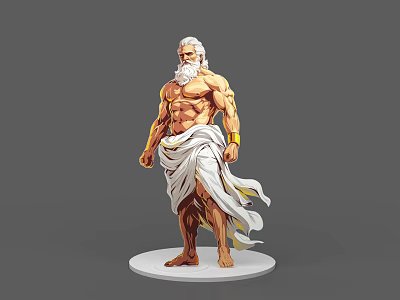 Muscular White Bearded Game Movie Character in Flowing White Cloth Standing on Base 3d model