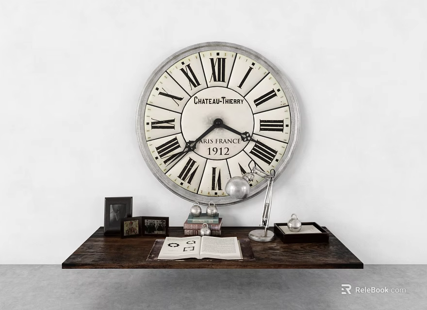 Vintage Wall Clock with Roman Numerals on Wooden Table with Desk Lamp and Books 3d model 