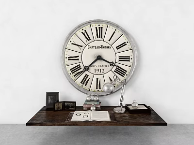 Vintage Wall Clock with Roman Numerals on Wooden Table with Desk Lamp and Books 3d model