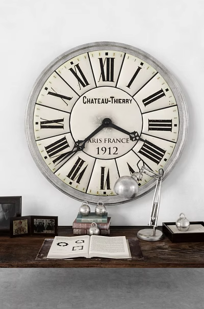 Vintage Wall Clock with Roman Numerals on Wooden Table with Desk Lamp and Books 3d model