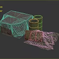 Wooden Box Covered With Gray Cloth Near Green Barrels Red Rims And Camouflage Cloth