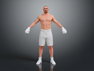 Shirtless Man Wearing White Boxing Gloves Shorts Sneakers Standing With Arms Outstretched On Gray Background 3d model