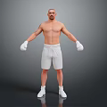 Shirtless Man Wearing White Boxing Gloves Shorts Sneakers Standing With Arms Outstretched On Gray Background