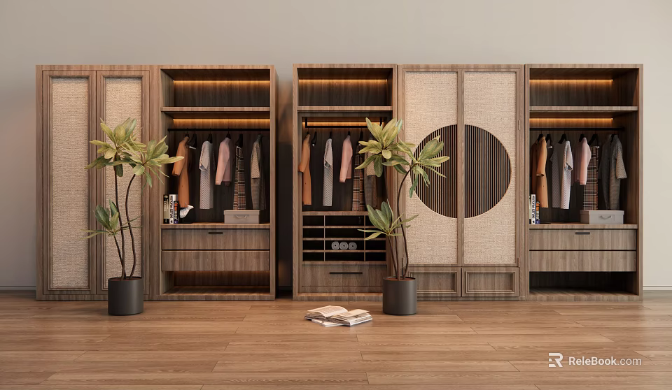 Modern Wooden Wardrobe Interior With Open Shelves Hanging Clothes Potted Plants And Circular Decor 3d model 