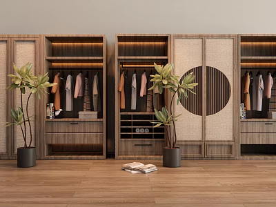 Modern Wooden Wardrobe Interior With Open Shelves Hanging Clothes Potted Plants And Circular Decor 3d model