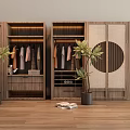 Modern Wooden Wardrobe Interior With Open Shelves Hanging Clothes Potted Plants And Circular Decor