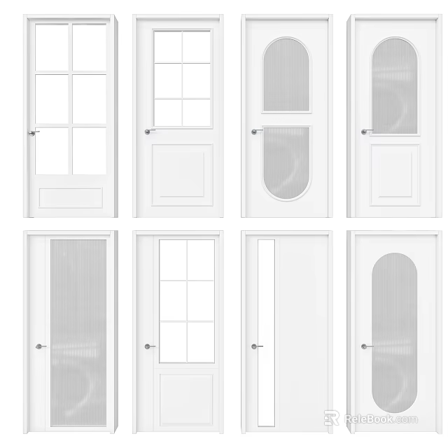 Modern Hinged Doors with Various Glass Panel Styles and White Frames 3d model 