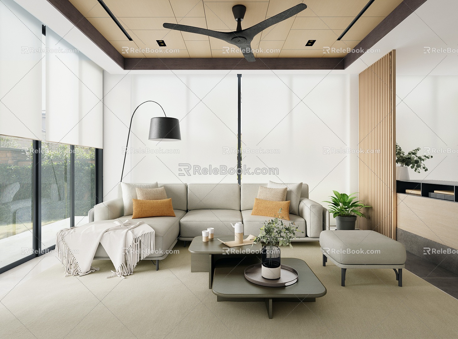 Living room sofa coffee table ceiling fan floor lamp flower pot decorative vase 3d model