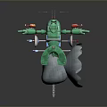 Green Mechanical Game Movie Character With Multiple Red Arm Components Cloud Like Base