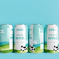 Pure Milk Cans With Cow Pattern And Pastoral Design On Light Blue Background
