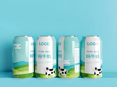 Pure Milk Cans With Cow Pattern And Pastoral Design On Light Blue Background 3d model