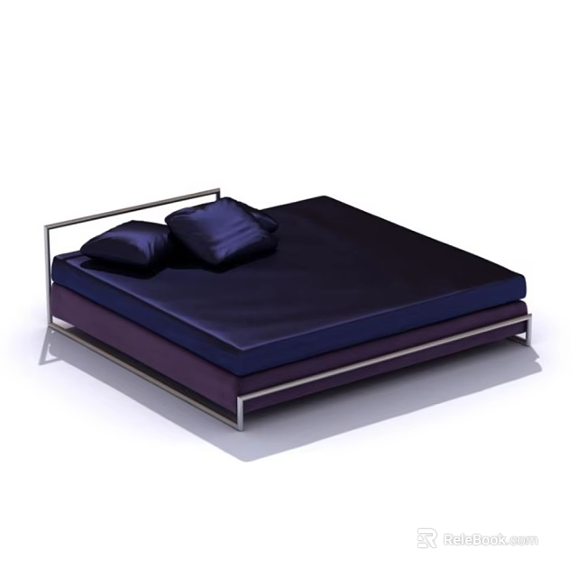 Modern Double Bed With Metal Frame Dark Blue Mattress And Two Pillows 3d model 