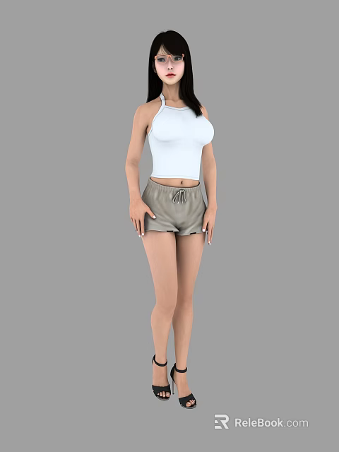 A Woman Wearing White Tank Top And Gray Shorts On Gray Background 3d model 
