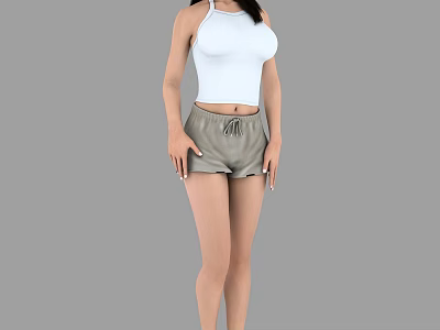 A Woman Wearing White Tank Top And Gray Shorts On Gray Background 3d model