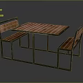 Outdoor Table With Wooden Tabletop Metal Frame And Two Matching Chairs Featuring Wooden Seats Backrests