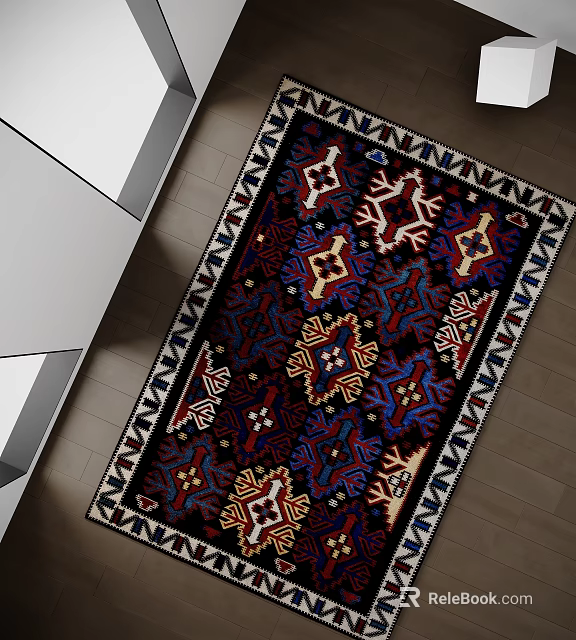 Traditional Square Rug With Intricate Geometric Patterns In Red Blue And White 3d model 