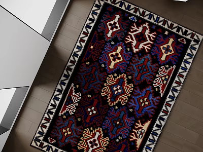 Traditional Square Rug With Intricate Geometric Patterns In Red Blue And White 3d model