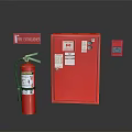 Red Fire Safety Equipment Setup With Extinguisher Cabinet Signs And Control Panel