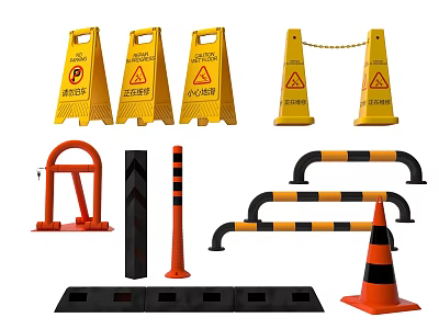 Assorted Traffic Safety Equipment Including Warning Signs Barriers Bollards And Cones 3d model