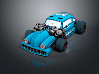 Blue Toy Car With Large Wheels Engine Pipes And Stylish Design 3d model