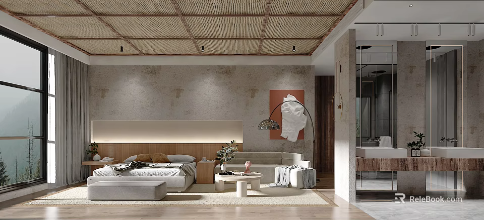 Hotel Guest Room With Bamboo Ceiling Textured Wall Red Artwork Wooden Elements And Modern Bed 3d model 