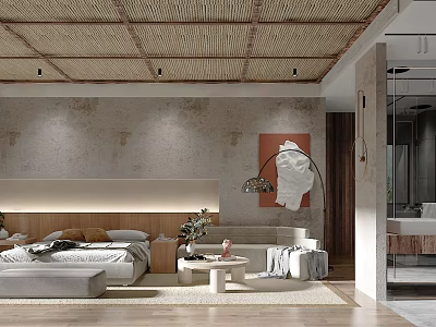 Hotel Guest Room With Bamboo Ceiling Textured Wall Red Artwork Wooden Elements And Modern Bed 3d model