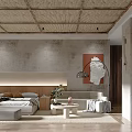Hotel Guest Room With Bamboo Ceiling Textured Wall Red Artwork Wooden Elements And Modern Bed