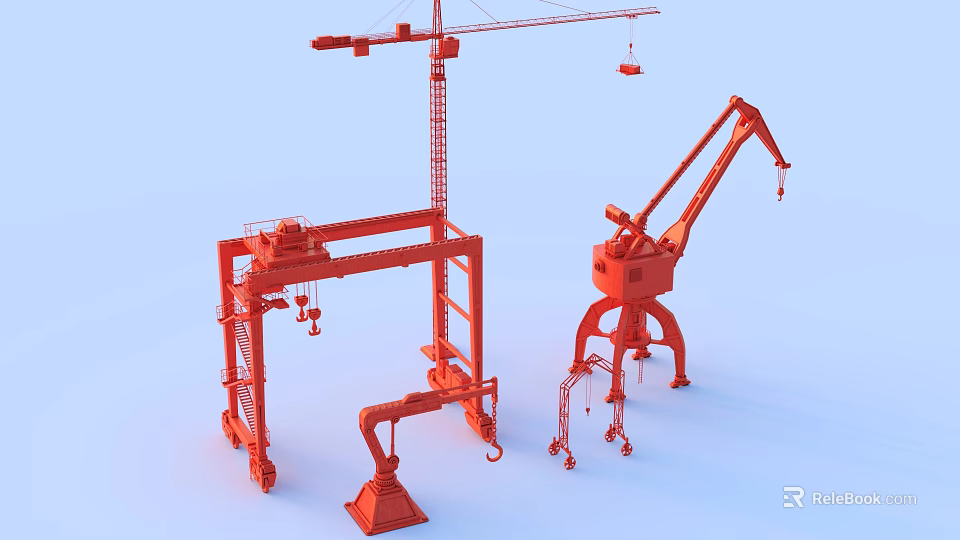 Industrial Equipment Including Red Gantry Cranes Heavy Duty Mechanical Lifting Machinery 3d model 