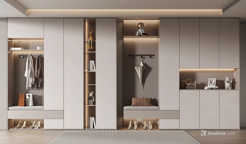 Modern Shoe Cabinet Design with Coat Rack Bench and Decorative Lighting 3d model 