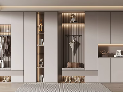 Modern Shoe Cabinet Design with Coat Rack Bench and Decorative Lighting 3d model