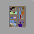 Wooden Display Shelf with Glass Jars Ceramic Bottles Bowls and Storage Baskets on Layers