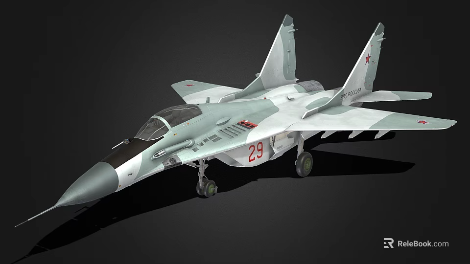 Military Fighter Jet With Camouflage Paint Scheme Number 29 Red Insignia Cockpit And Landing Gear 3d model 