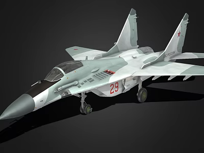 Military Fighter Jet With Camouflage Paint Scheme Number 29 Red Insignia Cockpit And Landing Gear 3d model