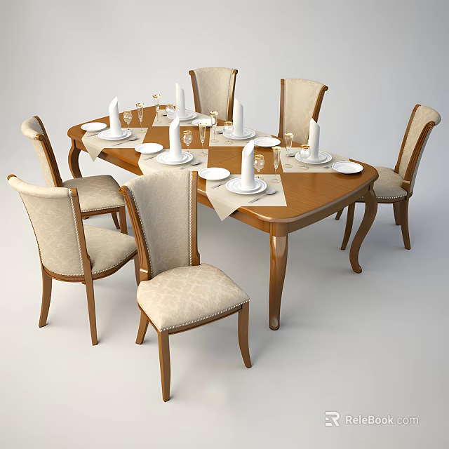 Wooden Dining Table Set With Beige Upholstered Chairs And Table Setting 3d model