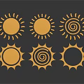 Six Golden Sun Decorative Patterns On Dark Background With Reflections