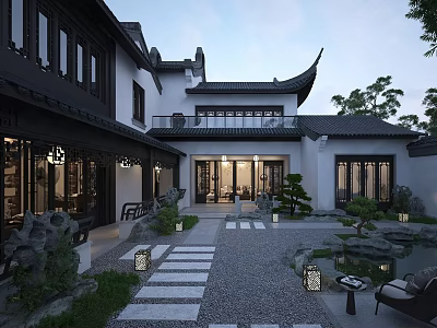 Traditional Chinese Garden Landscape With Classical Courtyard Stone Pathway Pond Rockery Lanterns And Green Plants 3d model