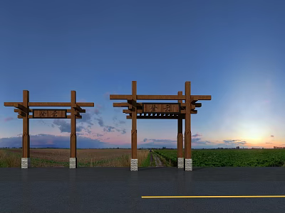 Traditional Wooden Entrance Gate With Pathway Leading Through Green Fields Under Sunset Sky 3d model