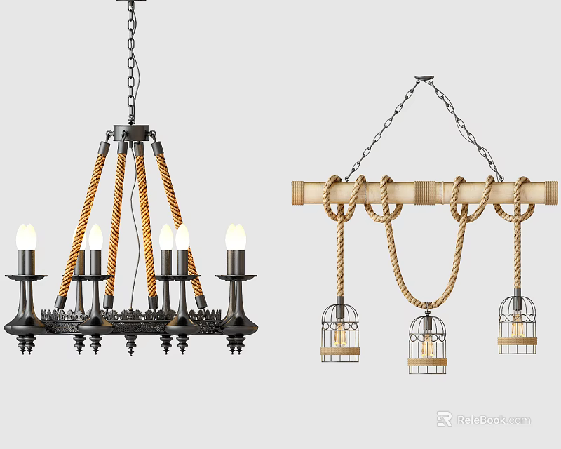 Vintage and Rustic Chandeliers with Metal Candle Design and Wooden Rope Birdcage Shades 3d model 