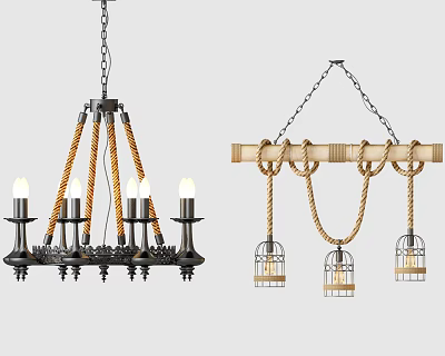 Vintage and Rustic Chandeliers with Metal Candle Design and Wooden Rope Birdcage Shades 3d model