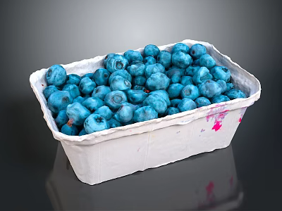 Fresh Blueberries In White Carton With Pink Stains On Dark Background 3d model