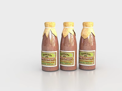 Three Natural Spice Bottles with Transparent Glass and Yellow Caps Filled with Brown Powder Seasoning 3d model