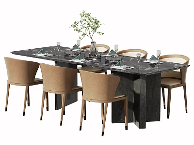 Rectangular Dining Table Set With Dark Tabletop Beige Chairs Tableware Glassware And Green Plant 3d model
