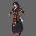 Woman In Red Black Traditional Outfit With Gold Accents Standing With Arms Outstretched