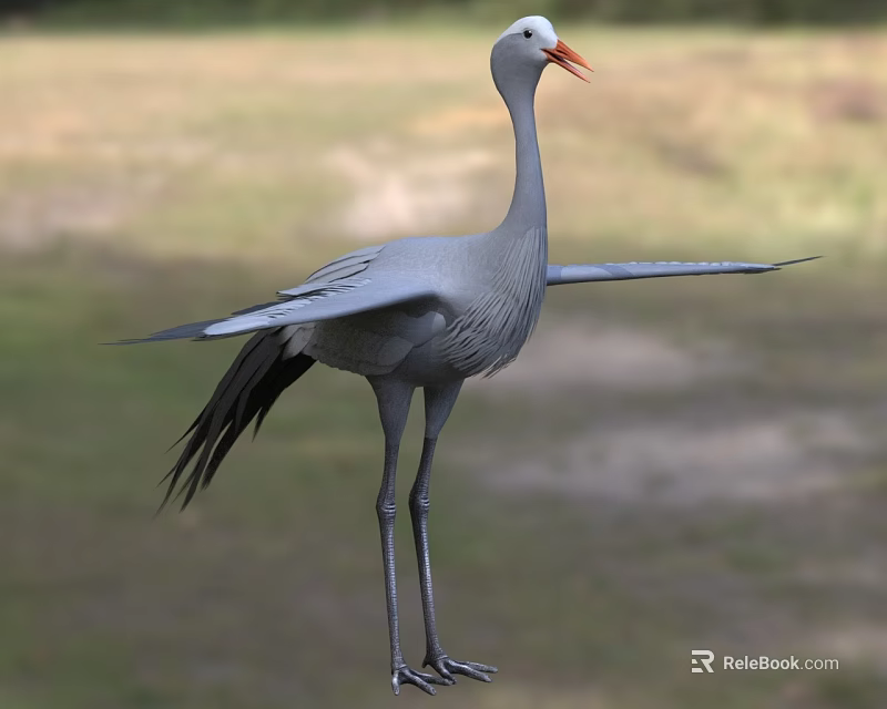 Gray Reptile With Long Neck Orange Mouth And Spread Limbs On Green Grassland 3d model 