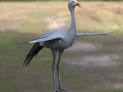Gray Reptile With Long Neck Orange Mouth And Spread Limbs On Green Grassland 3d model