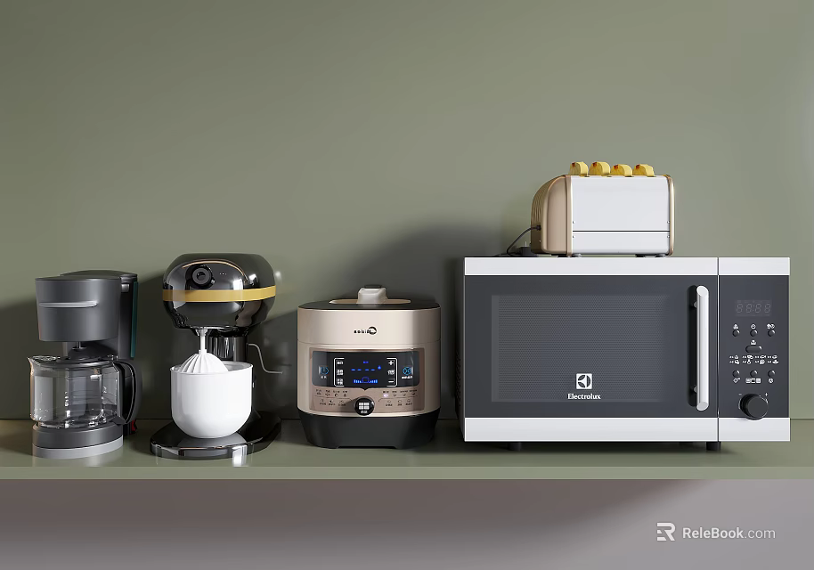 Essential Kitchen Appliances Including Coffee Maker Blender Rice Cooker Toaster And Microwave Oven On Shelf 3d model 