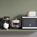 Essential Kitchen Appliances Including Coffee Maker Blender Rice Cooker Toaster And Microwave Oven On Shelf