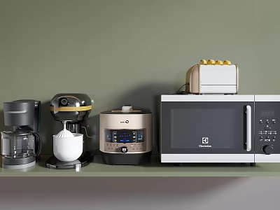 Essential Kitchen Appliances Including Coffee Maker Blender Rice Cooker Toaster And Microwave Oven On Shelf 3d model