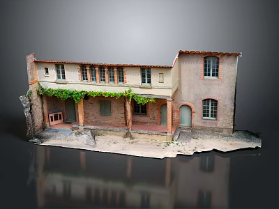 Cartoon Scene Of Ancient Brick Building With Vines Multiple Windows And Arched Door 3d model
