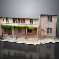Cartoon Scene Of Ancient Brick Building With Vines Multiple Windows And Arched Door
